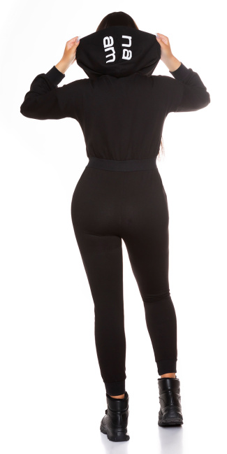 Trendy sweat jumpsuit met capuchon zwart